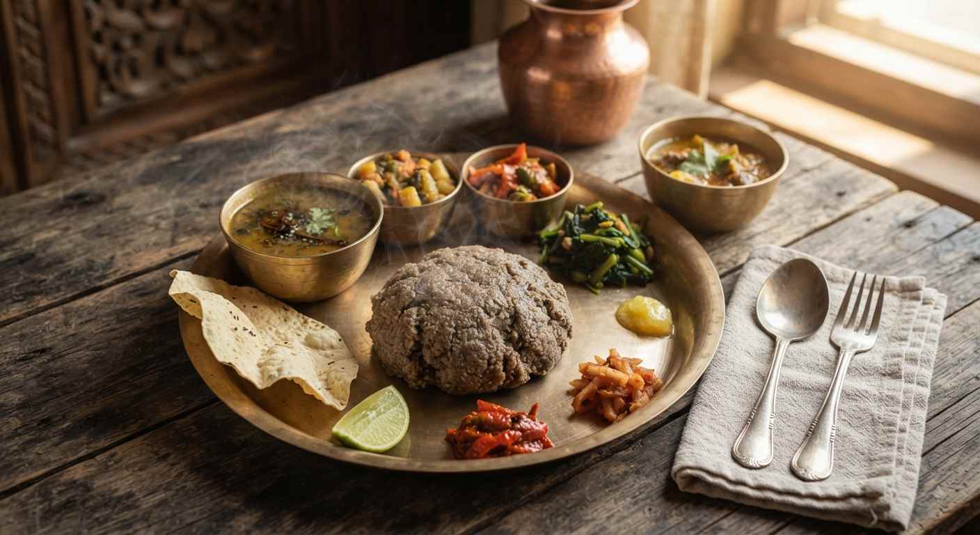 Himalayan Dhido set with buckwheat dough ball, ghee, saag, and gundruk